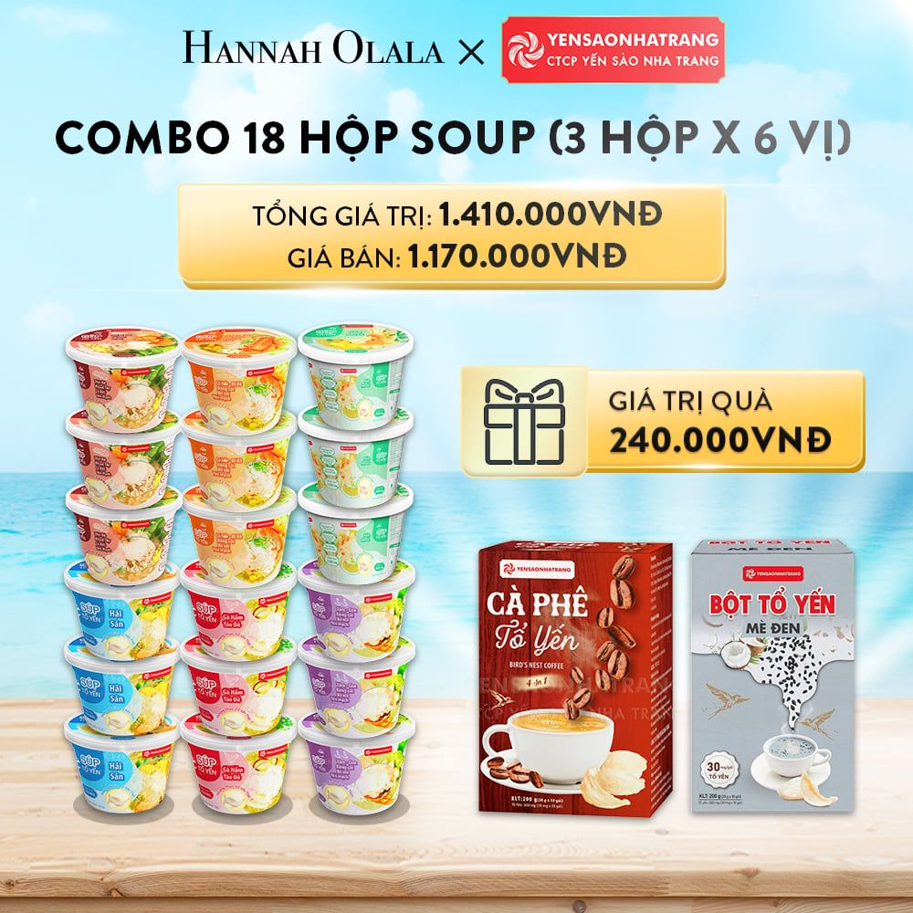 DEAL 01: COMBO 18 HỘP SOUP (3 HỘP X 6 VỊ) GÀ HẦM TÁO ĐỎ + HẢI SẢN + TÔM CUA, BÔNG CẢI, BÓ XÔI, YẾN MẠCH + CÁ HỒI, BÍ ĐỎ, BÔNG CẢI, BÓ XÔI, YẾN MẠCH + BÒ BẰM, KHOAI TÂY, CÀ RỐT, YẾN MẠCH + NẤM RAU CỦ)