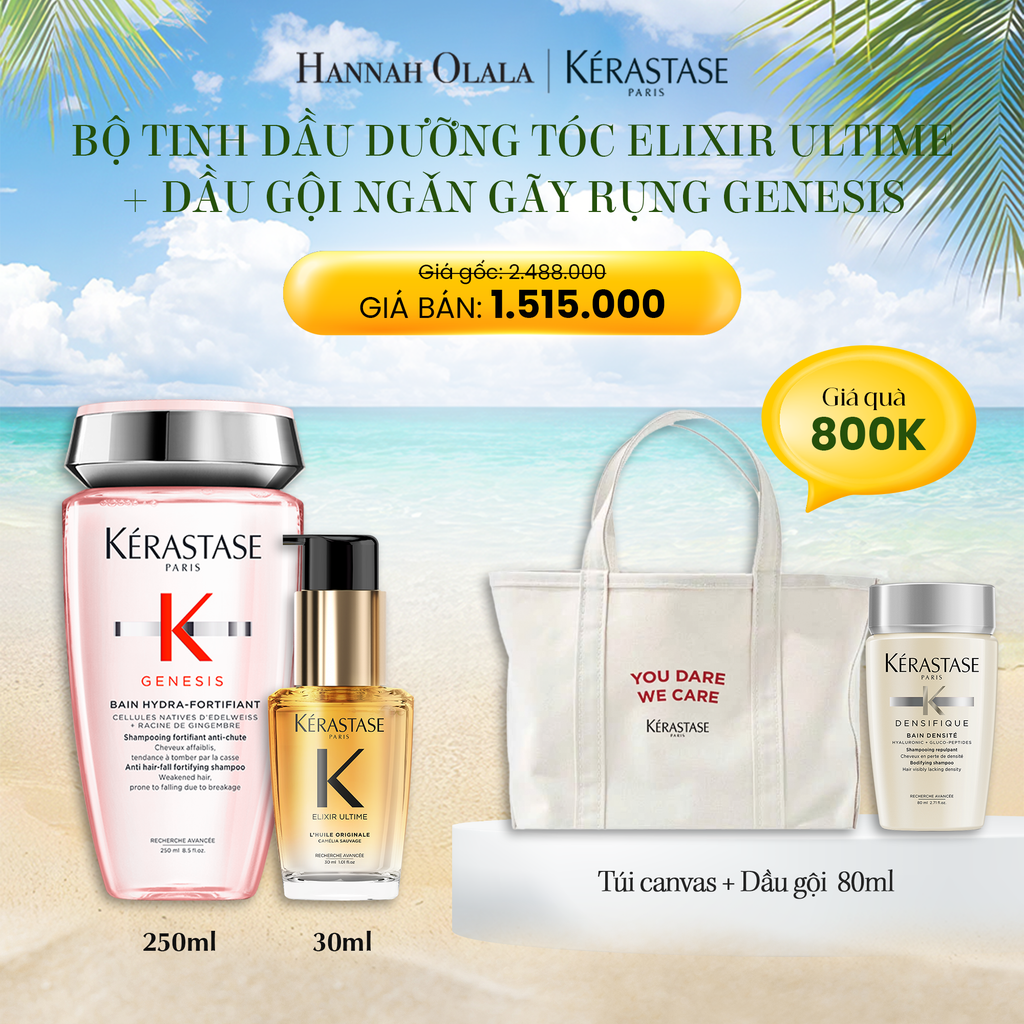 E534_DEAL 11: COMBO TINH DẦU DƯỠNG TÓC CHẮC KHỎE KÉRASTASE ELIXIR ULTIME 30ML - DẦU GỘI NGỪA LÃO HÓA DA ĐẦU, NGĂN GÃY RỤNG KÉRASTASE GENESIS 250ML