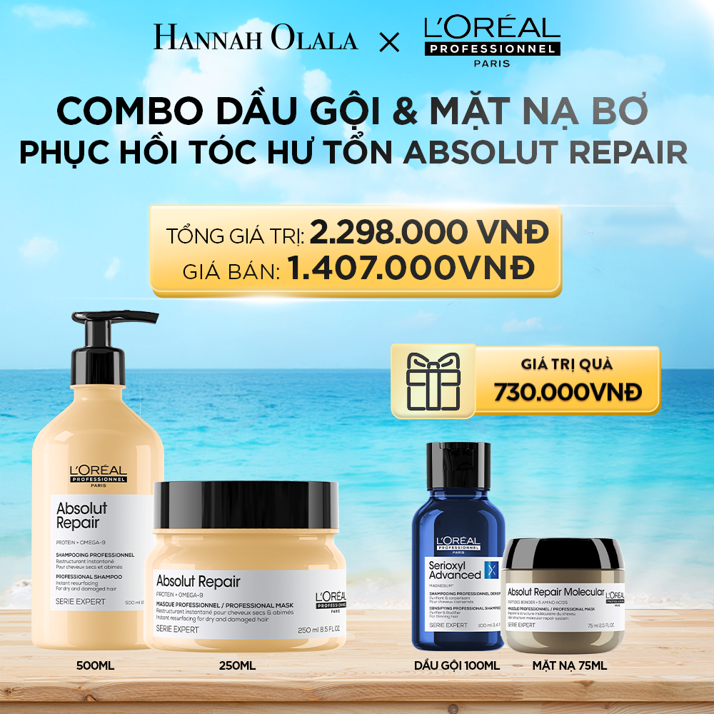 DEAL 2: COMBO DẦU GỘI 500ML & MẶT NẠ BƠ 250ML PHỤC HỒI TÓC HƯ TỔN L'ORÉAL PROFESSIONNEL SERIE EXPERT ABSOLUT REPAIR