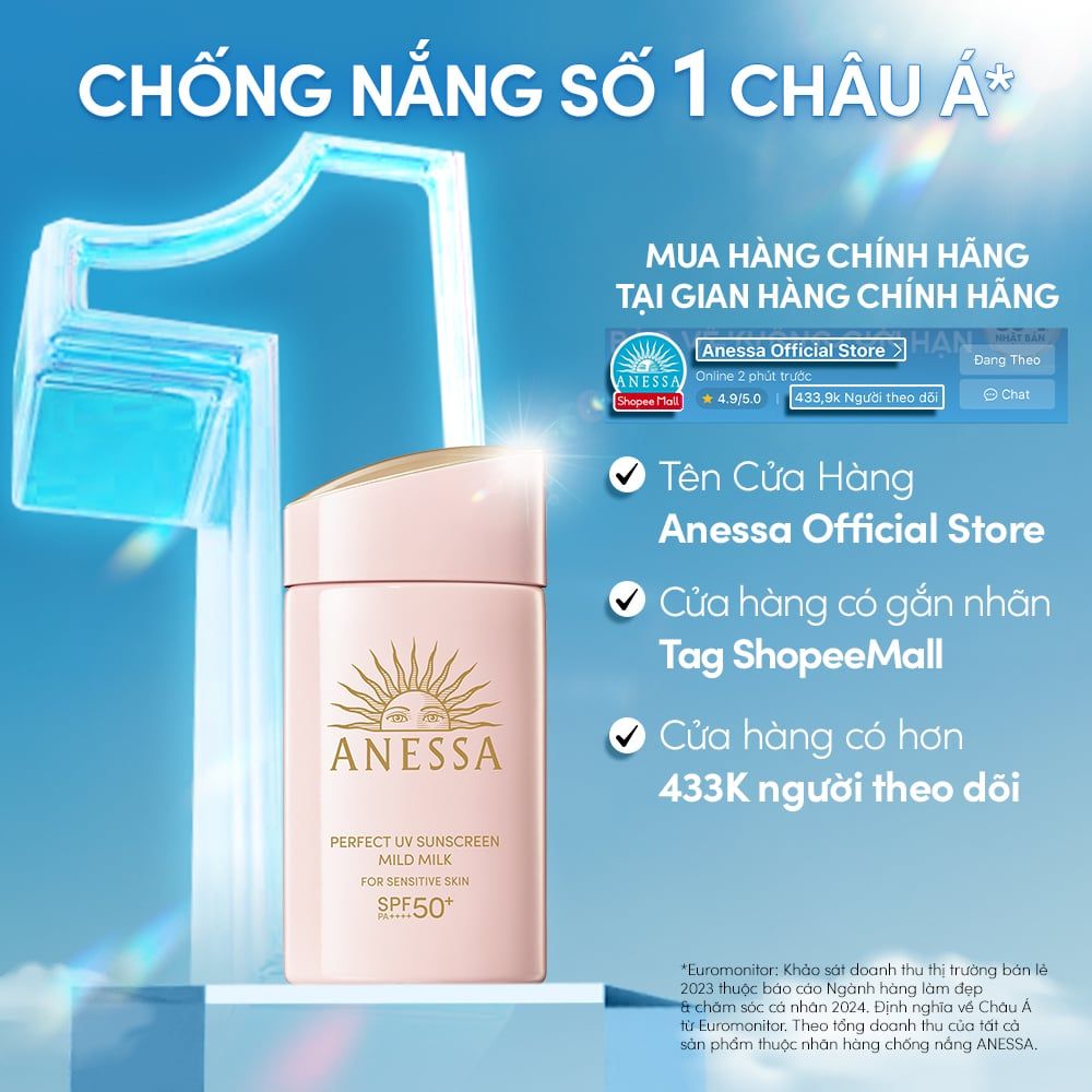 C8: DEAL 16: SỮA CHỐNG NẮNG DƯỠNG DA DỊU NHẸ AN TOÀN CHO DA NHẠY CẢM VÀ TRẺ EM ANESSA MILD MILK SPF50+ PA++++ 60ML