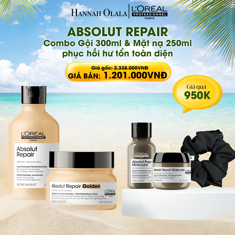 E516_DEAL 4: COMBO DẦU GỘI 300ML & MẶT NẠ NHŨ VÀNG 250ML PHỤC HỒI TÓC HƯ TỔN L'ORÉAL PROFESSIONNEL SERIE EXPERT ABSOLUT REPAIR GOLD