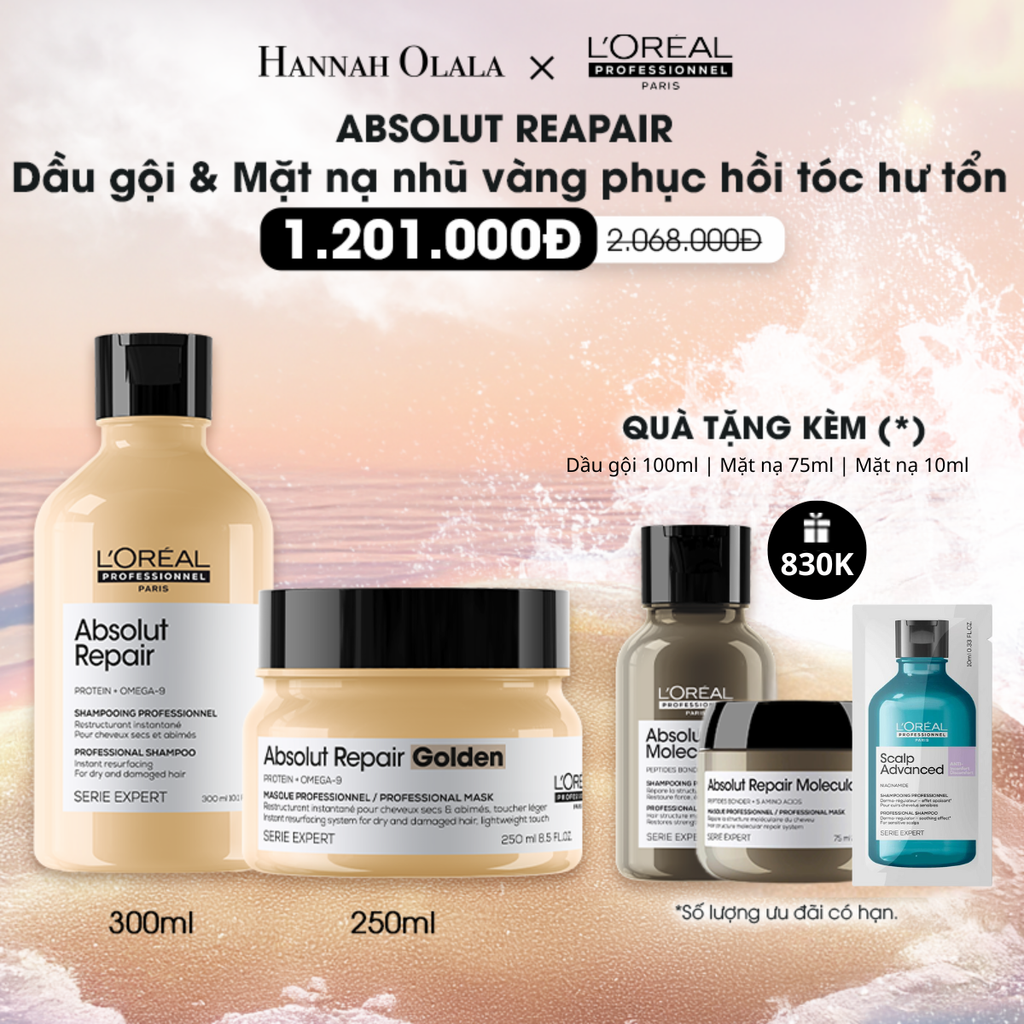 T6_DEAL 6: COMBO DẦU GỘI 300ML & MẶT NẠ NHŨ VÀNG 250ML PHỤC HỒI TÓC HƯ TỔN L'ORÉAL PROFESSIONNEL SERIE EXPERT ABSOLUT REPAIR GOLD