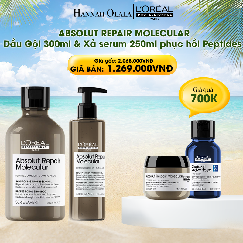 E519_DEAL 7: BỘ DẦU GỘI 300ML + SERUM XẢ 250ML PHỤC HỒI PEPTIDES CHO TÓC HƯ TỔN L'ORÉAL PROFESSIONNEL ABSOLUT REPAIR MOLECULAR