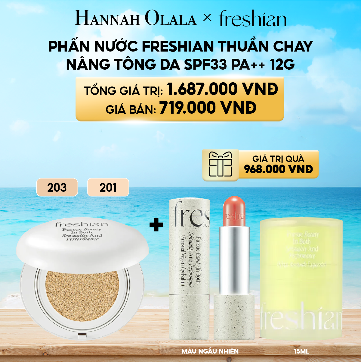 A371_DEAL 7: PHẤN NƯỚC FRESHIAN THUẦN CHAY NÂNG TÔNG DA SPF33 PA++ 12G