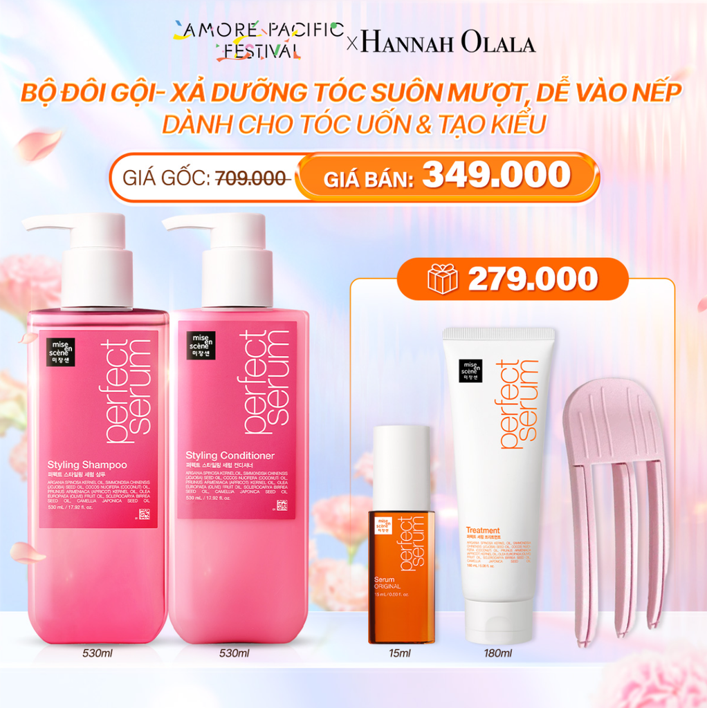 D53_DEAL 3: BỘ ĐÔI GỘI-XẢ MISE EN SCENE PERFECT SERUM STYLING DƯỠNG TÓC SUÔN MƯỢT, DỄ VÀO NẾP DÀNH CHO TÓC UỐN