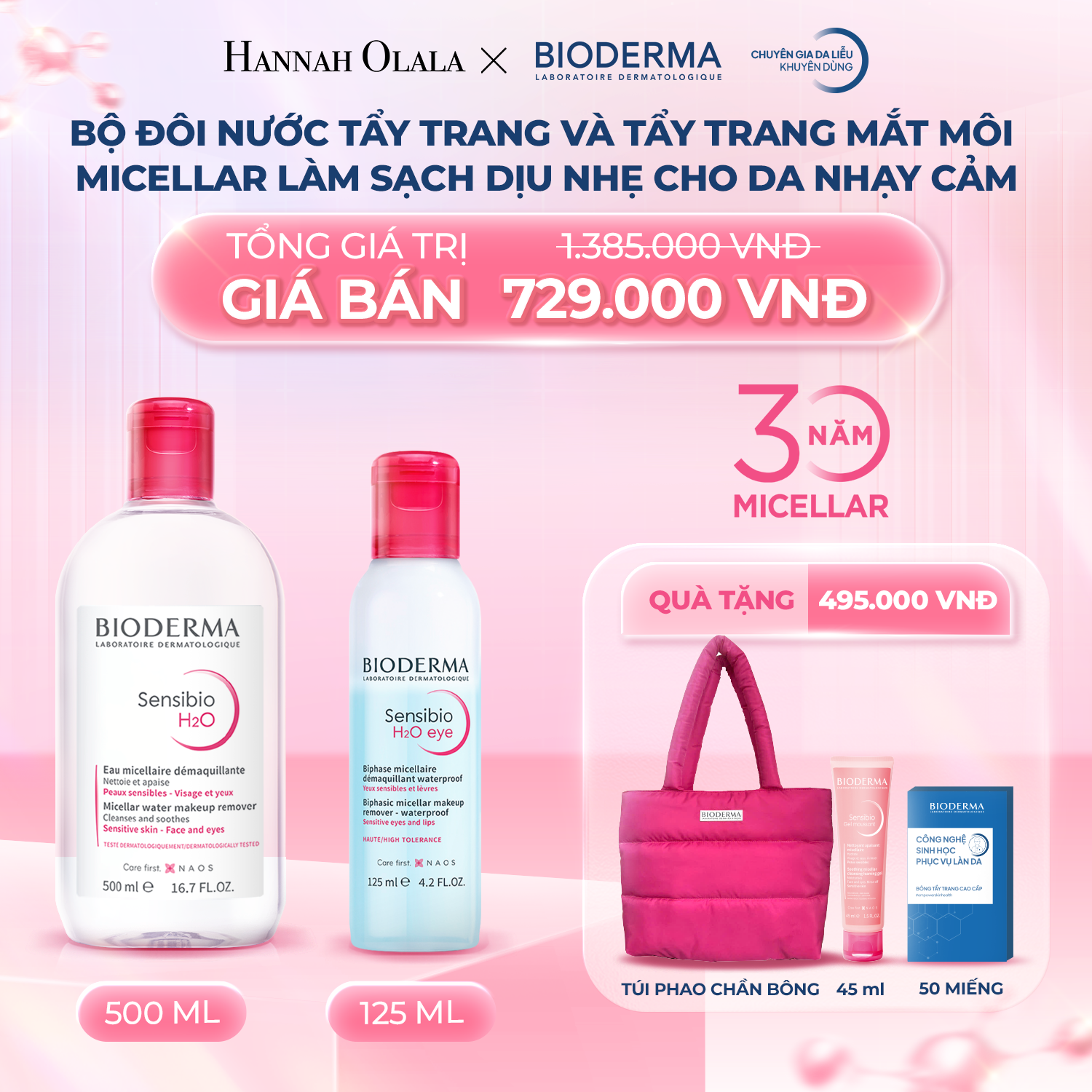 K25_DEAL 25: BỘ ĐÔI NƯỚC TẨY TRANG 50ML VÀ TẨY TRANG MẮT MÔI MICELLAR LÀM SẠCH DỊU NHẸ CHO DA NHẠY CẢM 125ML