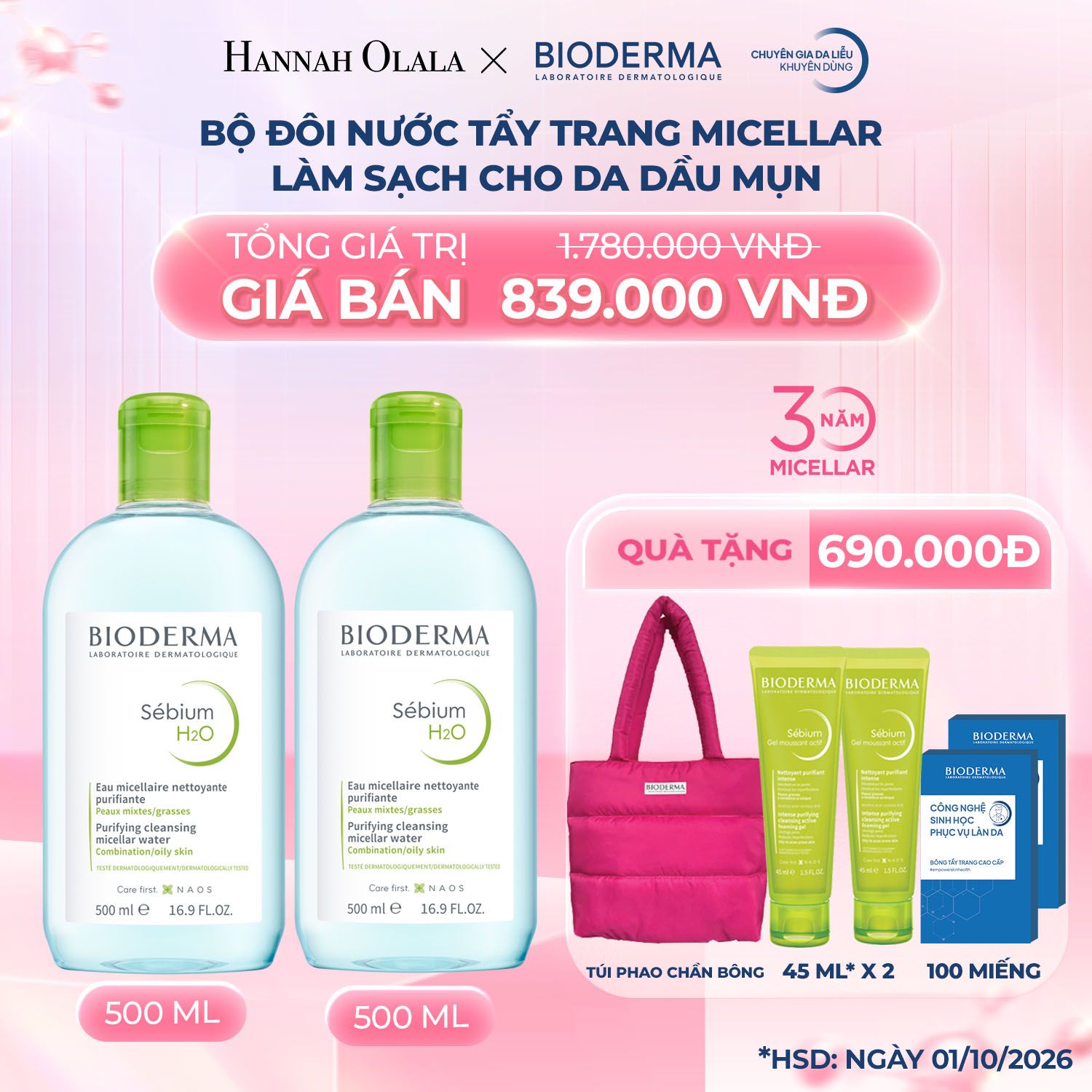 K105_DEAL 12: BỘ ĐÔI NƯỚC TẨY TRANG CÔNG NGHỆ MICELLAR LÀM SẠCH CHO DA DẦU MỤN 500ML
