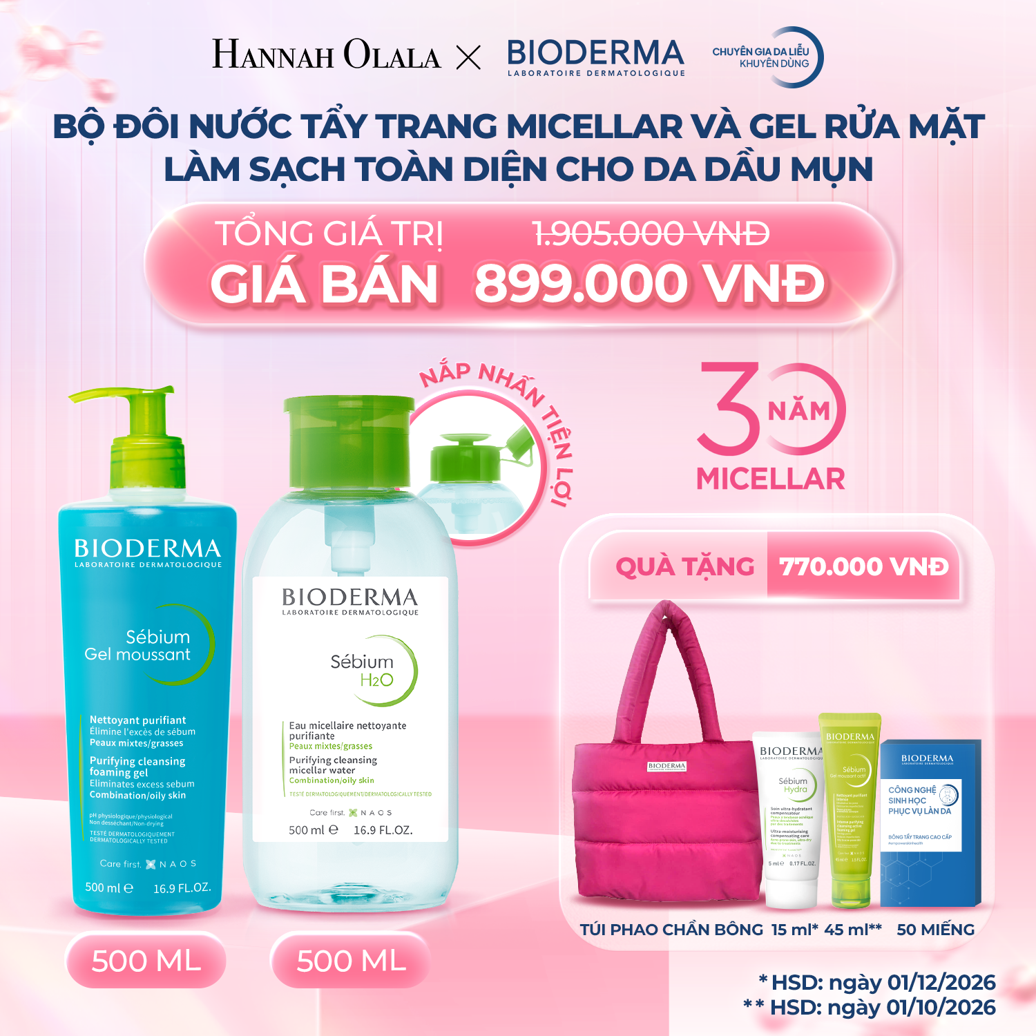 K14_DEAL 14: BỘ ĐÔI NƯỚC TẨY TRANG (PHIÊN BẢN NẮP NHẤN) 500ML VÀ GEL RỬA MẶT LÀM SẠCH TOÀN DIỆN CHO DA DẦU MỤN BIODERMA 500ML