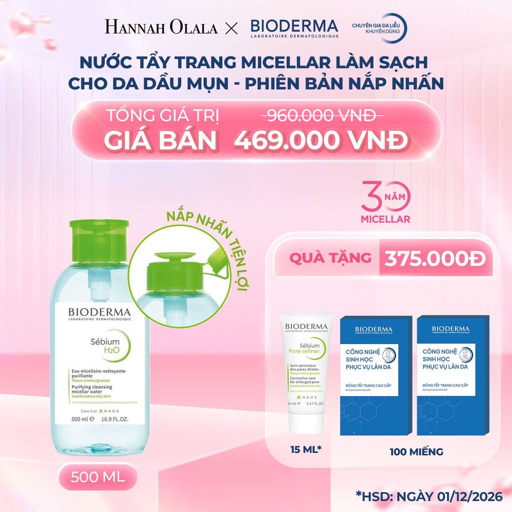 K103_DEAL 16: NƯỚC TẨY TRANG MICELLAR LÀM SẠCH CHO DA DẦU MỤN (PHIÊN BẢN NẮP NHẤN) 500ML
