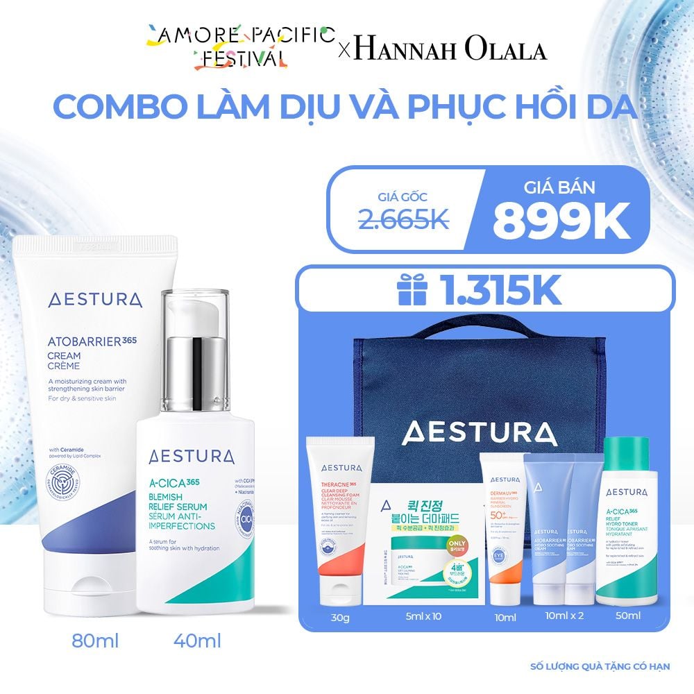 D1_DEAL 1: COMBO LÀM DỊU VÀ PHỤC HỒI DA GỒM KEM DƯỠNG CERAMIDE AESTURA ATOBARRIER365 CREAM 80ML & SERUM RAU MÁ GIÚP GIẢM THÂM AESTURA A-CICA365 BLEMISH RELIEF SERUM 40ML