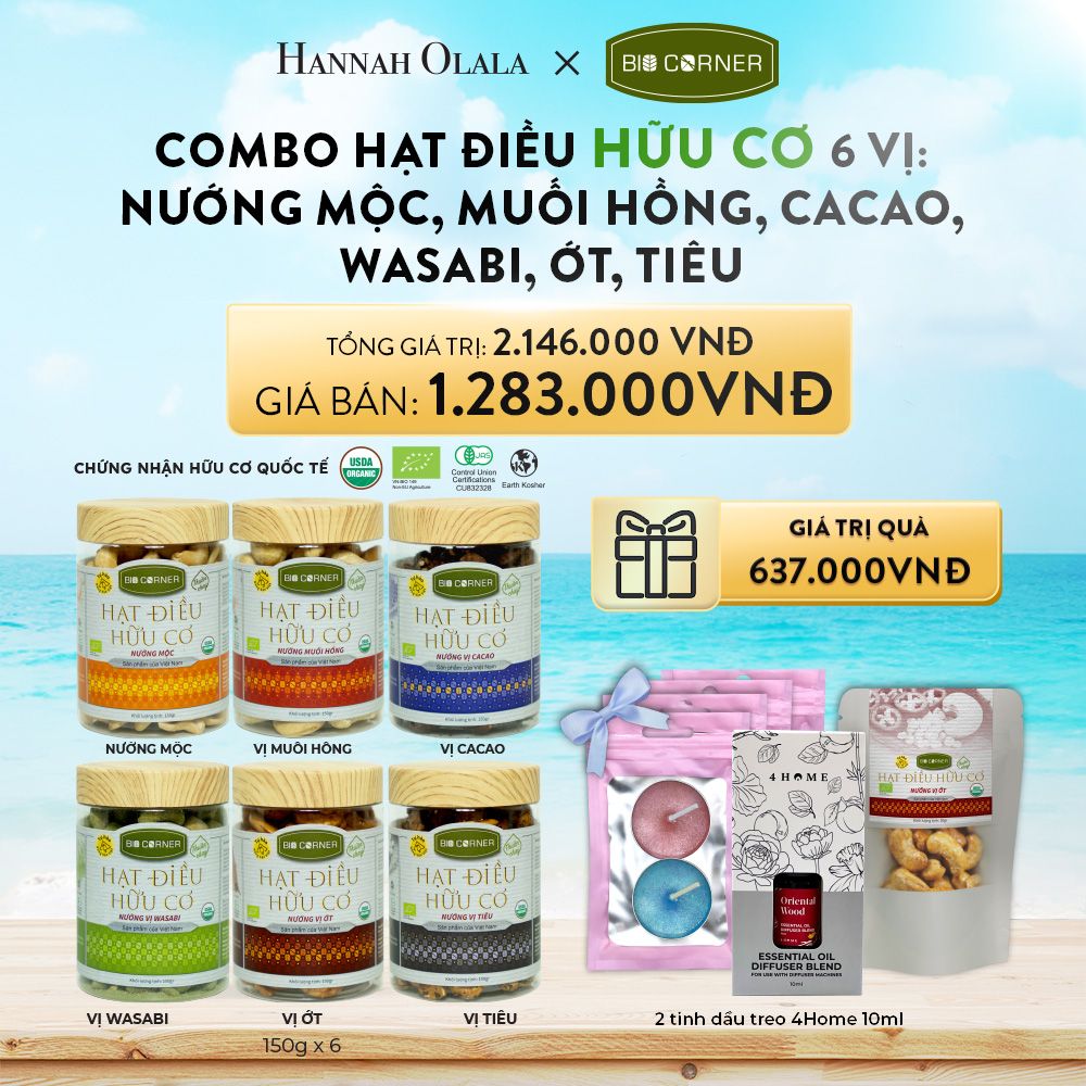 A230_DEAL 1: COMBO HẠT ĐIỀU HỮU CƠ 6 VỊ - NƯỚNG MỘC, MUỐI HỒNG, CACAO, WASABI, ỚT, TIÊU