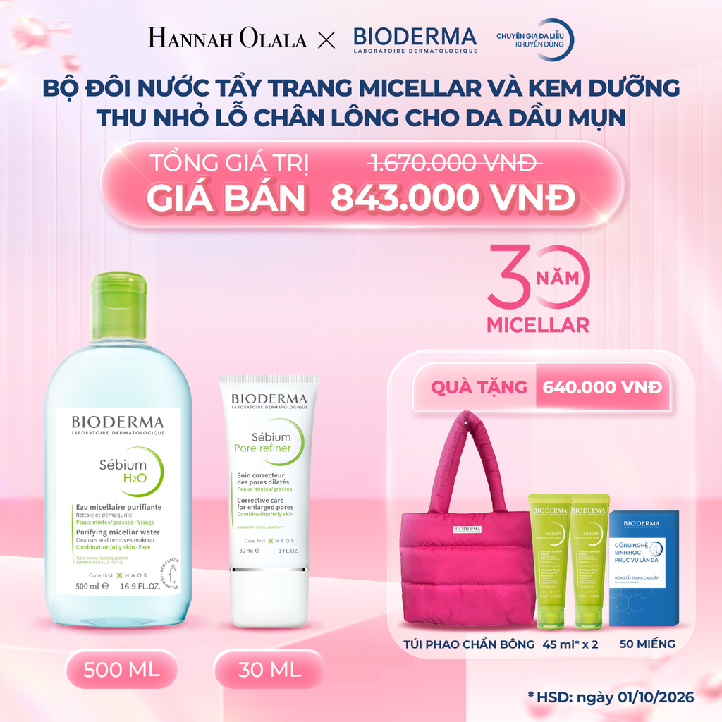 K21_DEAL 21: BỘ ĐÔI NƯỚC TẨY TRANG MICELLAR 500ML VÀ KEM DƯỠNG THU NHỎ LỖ CHÂN LÔNG CHO DA DẦU MỤN 30ML