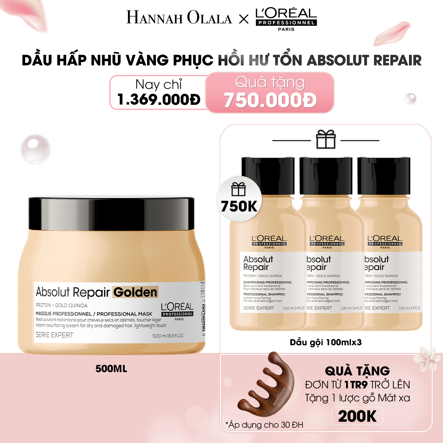  DEAL 2 : DẦU HẤP NHŨ VÀNG PHỤC HỒI HƯ TỔN TOÀN DIỆN L'ORÉAL PROFESSIONNEL ABSOLUT REPAIR GOLDEN 500ML 