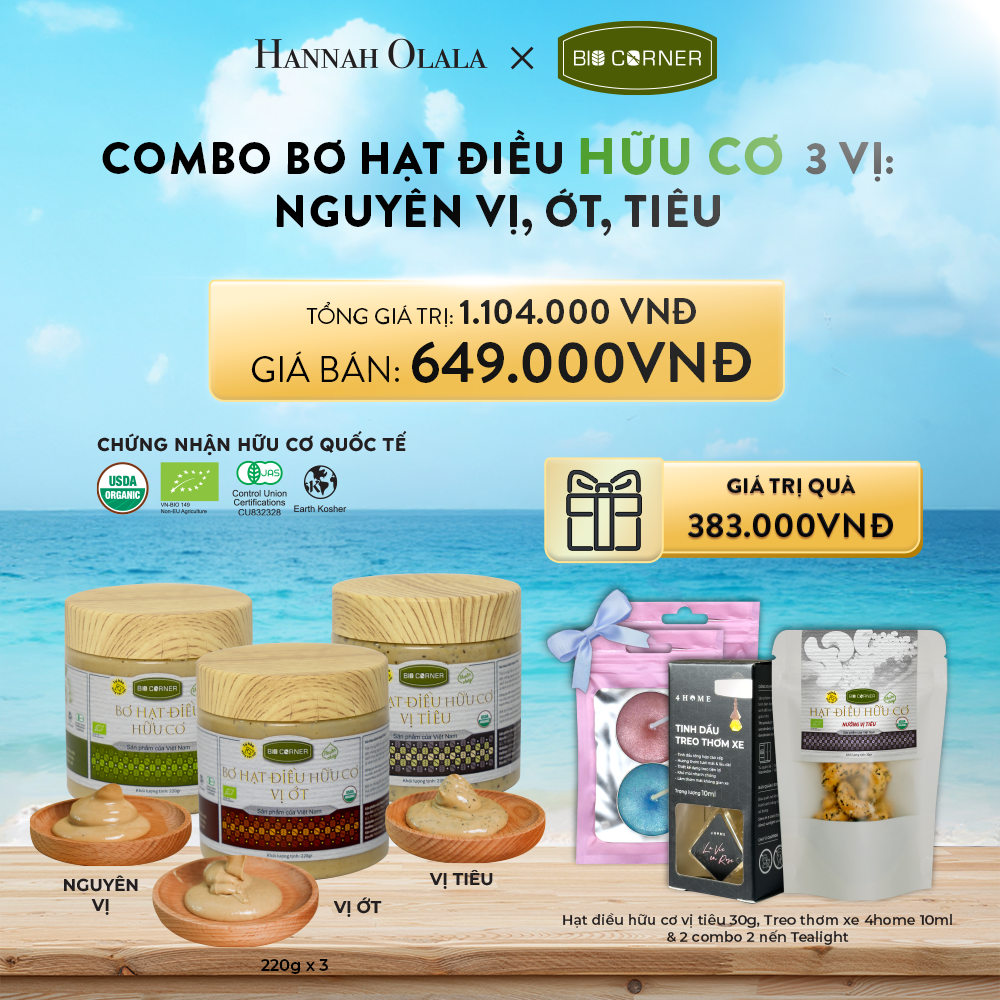 A232_DEAL 3: COMBO BƠ HẠT ĐIỀU HỮU CƠ 3 VỊ - NGUYÊN VỊ, ỚT, TIÊU