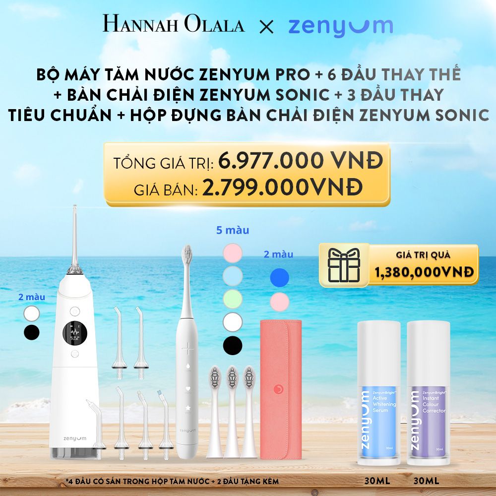 A51_DEAL 4: BỘ MÁY TĂM NƯỚC ZENYUM PRO + 6 ĐẦU THAY THẾ + BÀN CHẢI ĐIỆN ZENYUM SONIC + 3 ĐẦU THAY TIÊU CHUẨN + HỘP ĐỰNG BÀN CHẢI ĐIỆN ZENYUM SONIC