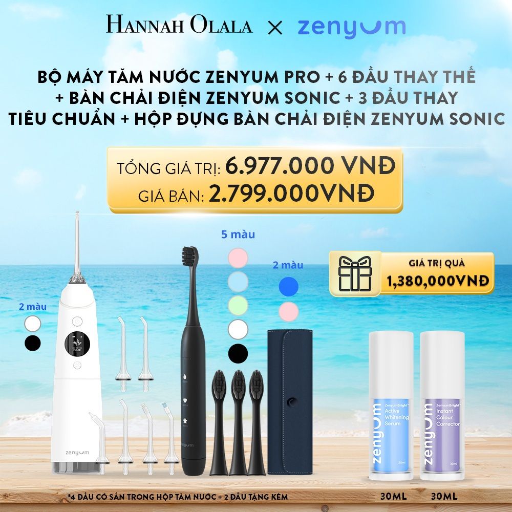 A51_DEAL 4: BỘ MÁY TĂM NƯỚC ZENYUM PRO + 6 ĐẦU THAY THẾ + BÀN CHẢI ĐIỆN ZENYUM SONIC + 3 ĐẦU THAY TIÊU CHUẨN + HỘP ĐỰNG BÀN CHẢI ĐIỆN ZENYUM SONIC