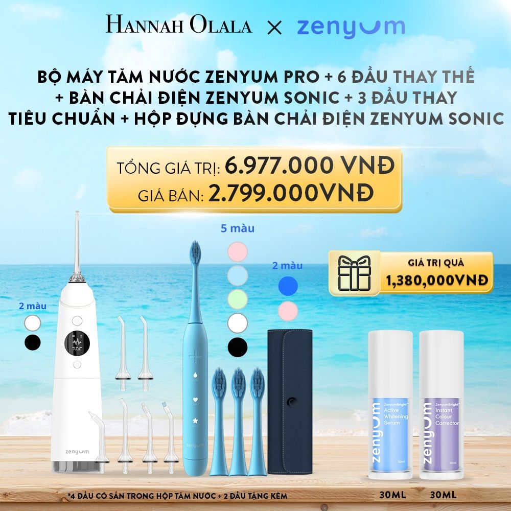 A51_DEAL 4: BỘ MÁY TĂM NƯỚC ZENYUM PRO + 6 ĐẦU THAY THẾ + BÀN CHẢI ĐIỆN ZENYUM SONIC + 3 ĐẦU THAY TIÊU CHUẨN + HỘP ĐỰNG BÀN CHẢI ĐIỆN ZENYUM SONIC