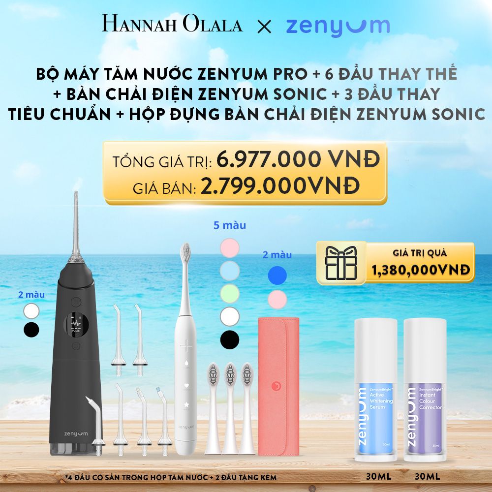 A51_DEAL 4: BỘ MÁY TĂM NƯỚC ZENYUM PRO + 6 ĐẦU THAY THẾ + BÀN CHẢI ĐIỆN ZENYUM SONIC + 3 ĐẦU THAY TIÊU CHUẨN + HỘP ĐỰNG BÀN CHẢI ĐIỆN ZENYUM SONIC