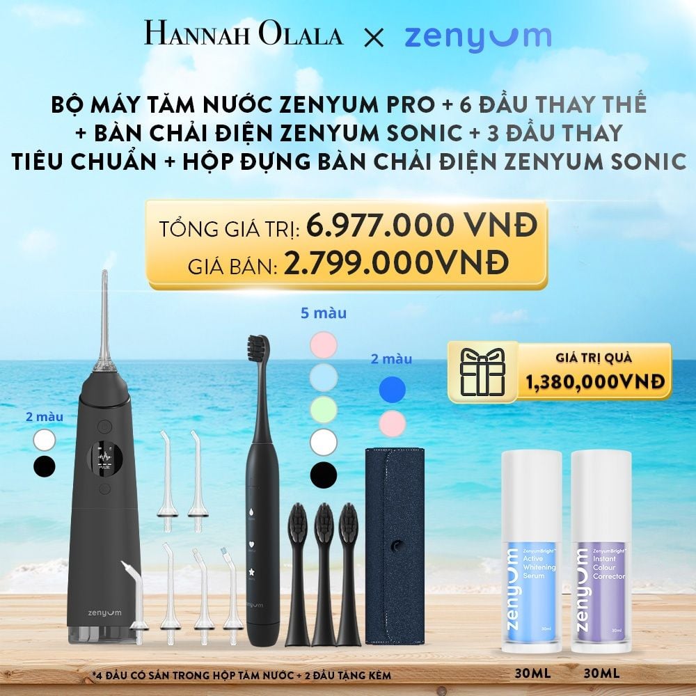 A51_DEAL 4: BỘ MÁY TĂM NƯỚC ZENYUM PRO + 6 ĐẦU THAY THẾ + BÀN CHẢI ĐIỆN ZENYUM SONIC + 3 ĐẦU THAY TIÊU CHUẨN + HỘP ĐỰNG BÀN CHẢI ĐIỆN ZENYUM SONIC