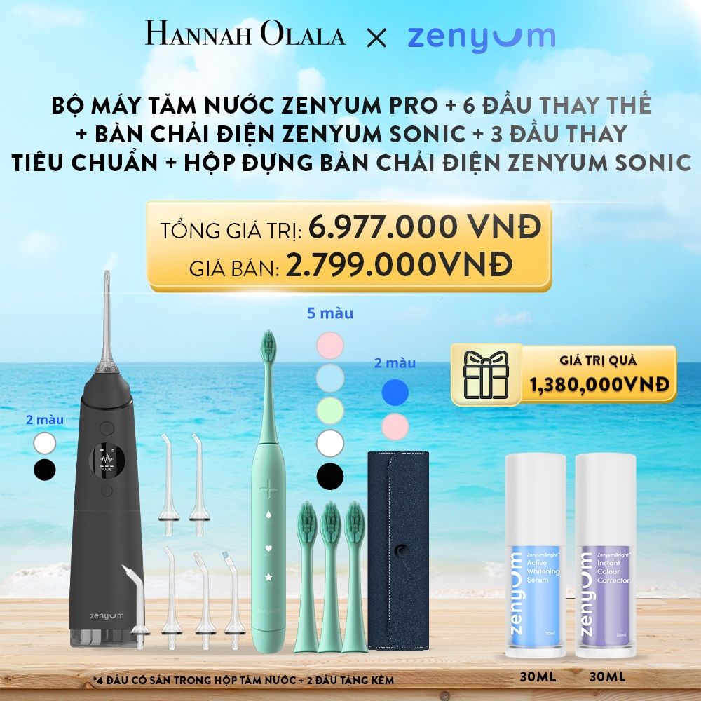 A51_DEAL 4: BỘ MÁY TĂM NƯỚC ZENYUM PRO + 6 ĐẦU THAY THẾ + BÀN CHẢI ĐIỆN ZENYUM SONIC + 3 ĐẦU THAY TIÊU CHUẨN + HỘP ĐỰNG BÀN CHẢI ĐIỆN ZENYUM SONIC