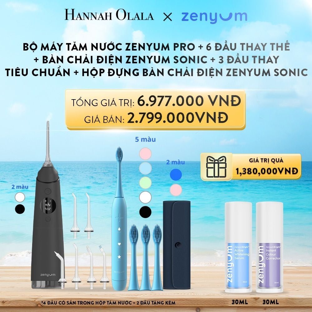 A51_DEAL 4: BỘ MÁY TĂM NƯỚC ZENYUM PRO + 6 ĐẦU THAY THẾ + BÀN CHẢI ĐIỆN ZENYUM SONIC + 3 ĐẦU THAY TIÊU CHUẨN + HỘP ĐỰNG BÀN CHẢI ĐIỆN ZENYUM SONIC