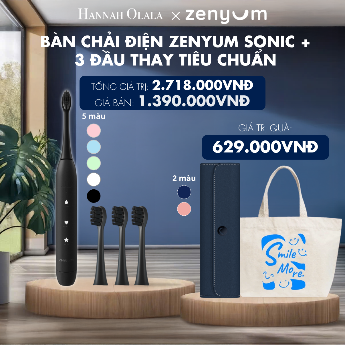 H185_DEAL 5: BỘ BÀN CHẢI ĐIỆN ZENYUM SONIC + 3 ĐẦU THAY THẾ TIÊU CHUẨN