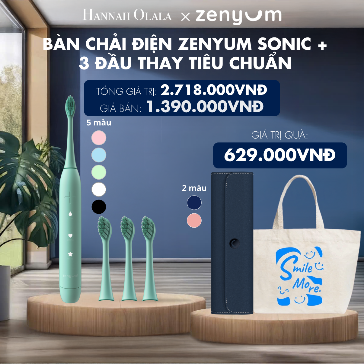 H185_DEAL 5: BỘ BÀN CHẢI ĐIỆN ZENYUM SONIC + 3 ĐẦU THAY THẾ TIÊU CHUẨN
