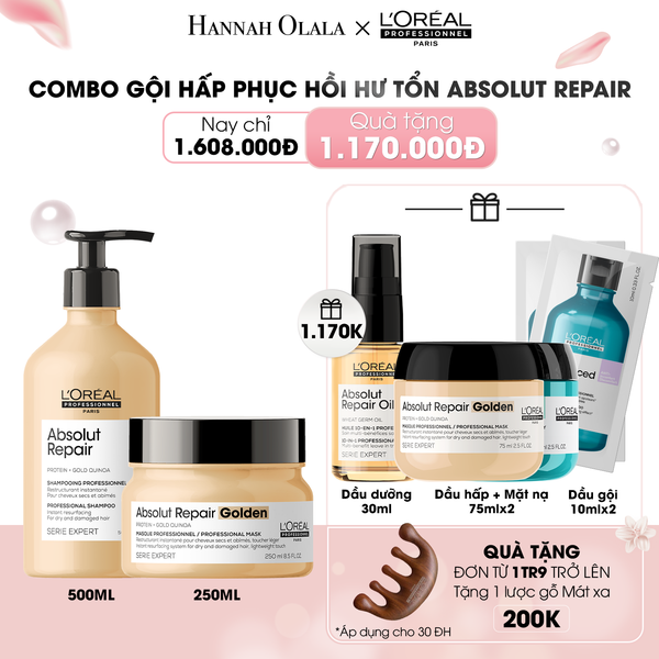  DEAL 6: COMBO DẦU GỘI 500ML & DẦU HẤP NHŨ VÀNG 250ML PHỤC HỒI TÓC HƯ TỔN L'ORÉAL PROFESSIONNEL SERIE EXPERT ABSOLUT REPAIR GOLD 