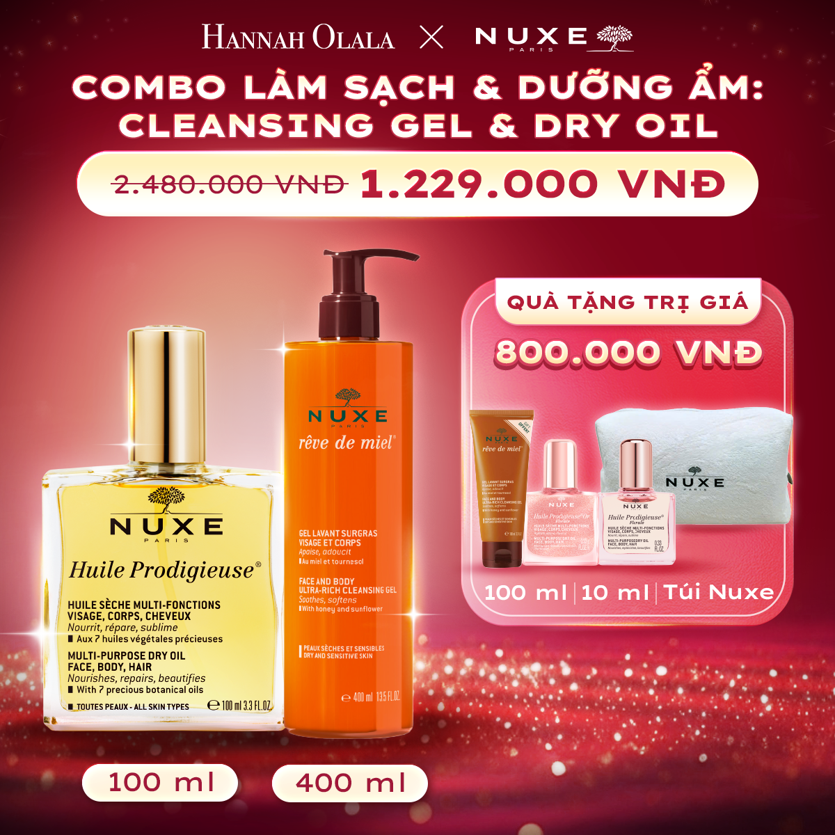 K63_DEAL 9: COMBO LÀM SẠCH & DƯỠNG ẨM NUXE GỒM DẦU DƯỠNG 100ML + GEL TẮM 400ML (CHỌN HƯƠNG)