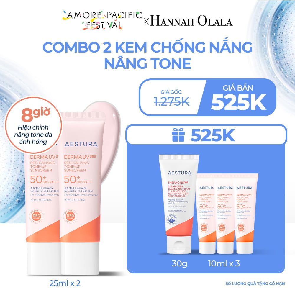 D7_DEAL 6: COMBO X2 KEM CHỐNG NẮNG NÂNG TONE AESTURA DERMA UV365 RED CALMING TONE-UP SUNSCREEN 25ML