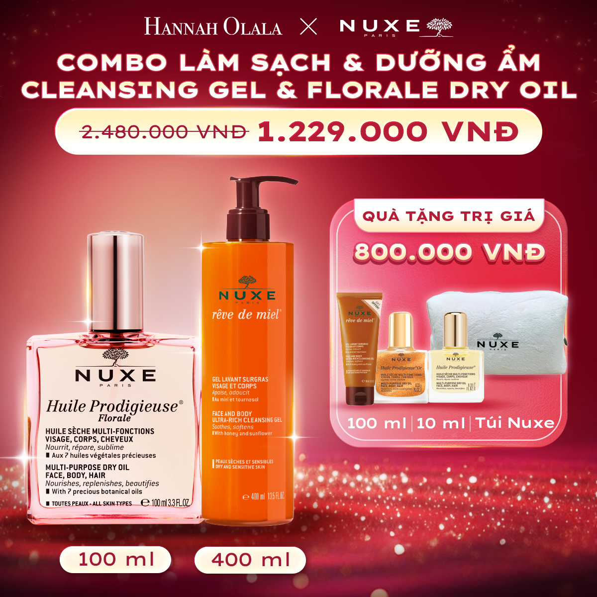 K63_DEAL 9: COMBO LÀM SẠCH & DƯỠNG ẨM NUXE GỒM DẦU DƯỠNG 100ML + GEL TẮM 400ML (CHỌN HƯƠNG)