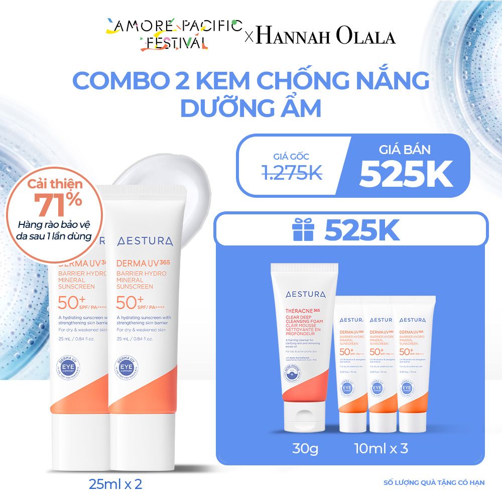 D8_DEAL 7: COMBO X2 KEM CHỐNG NẮNG DƯỠNG ẨM (THẨM THẤU NHANH) AESTURA DERMAUV365 BARRIER HYDRO MINERAL SUNSCREEN