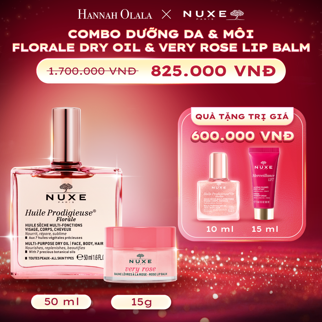 K66_DEAL 12: COMBO DƯỠNG DA & MÔI NUXE GỒM DẦU DƯỠNG HƯƠNG HOA 50ML + DƯỠNG MÔI HOA HỒNG 15G