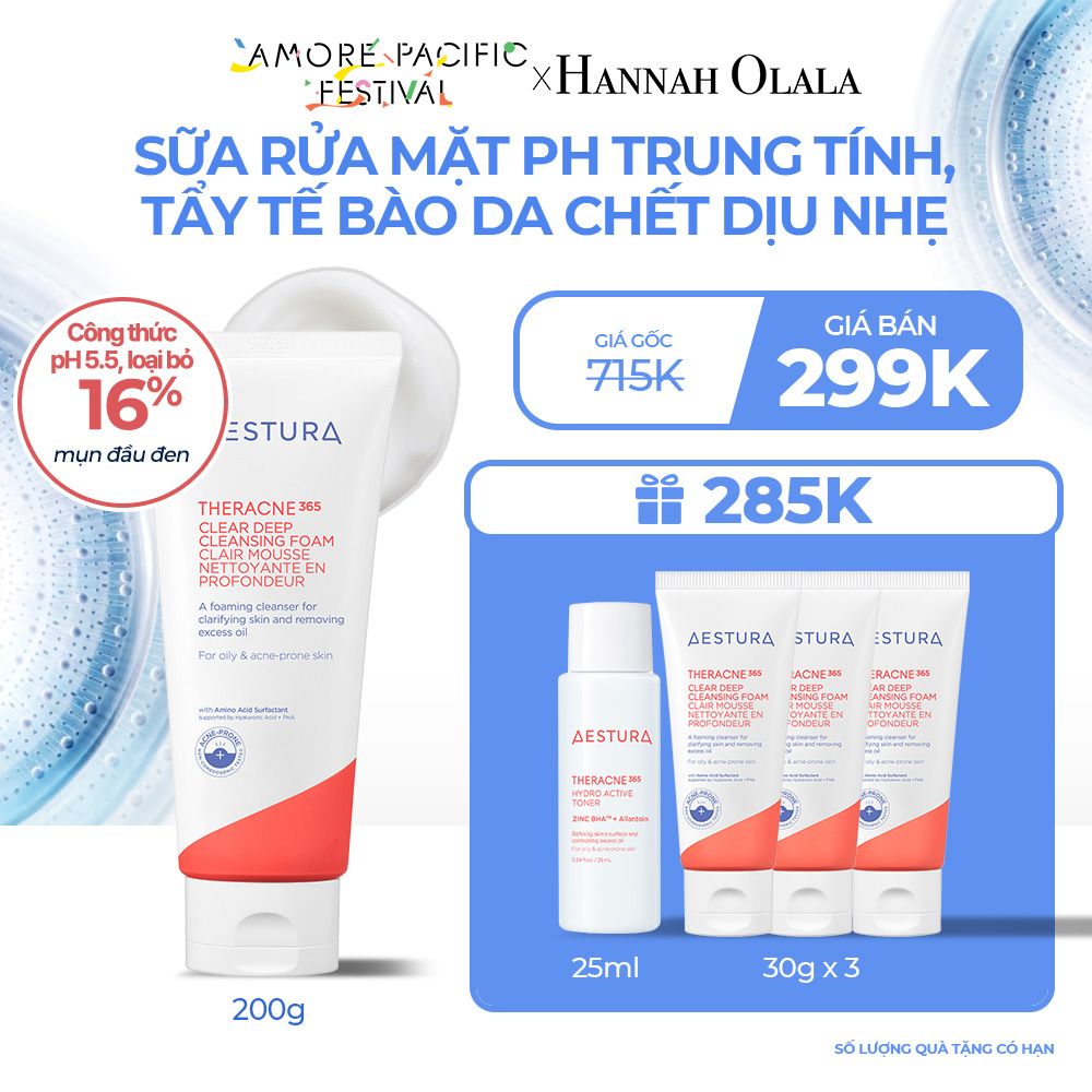 D10_DEAL 9: SỮA RỬA MẶT PH TRUNG TÍNH, TẨY TẾ BÀO DA CHẾT DỊU NHẸ AESTURA THERACNE365 CLEAR DEEP CLEASING FOAM 200G