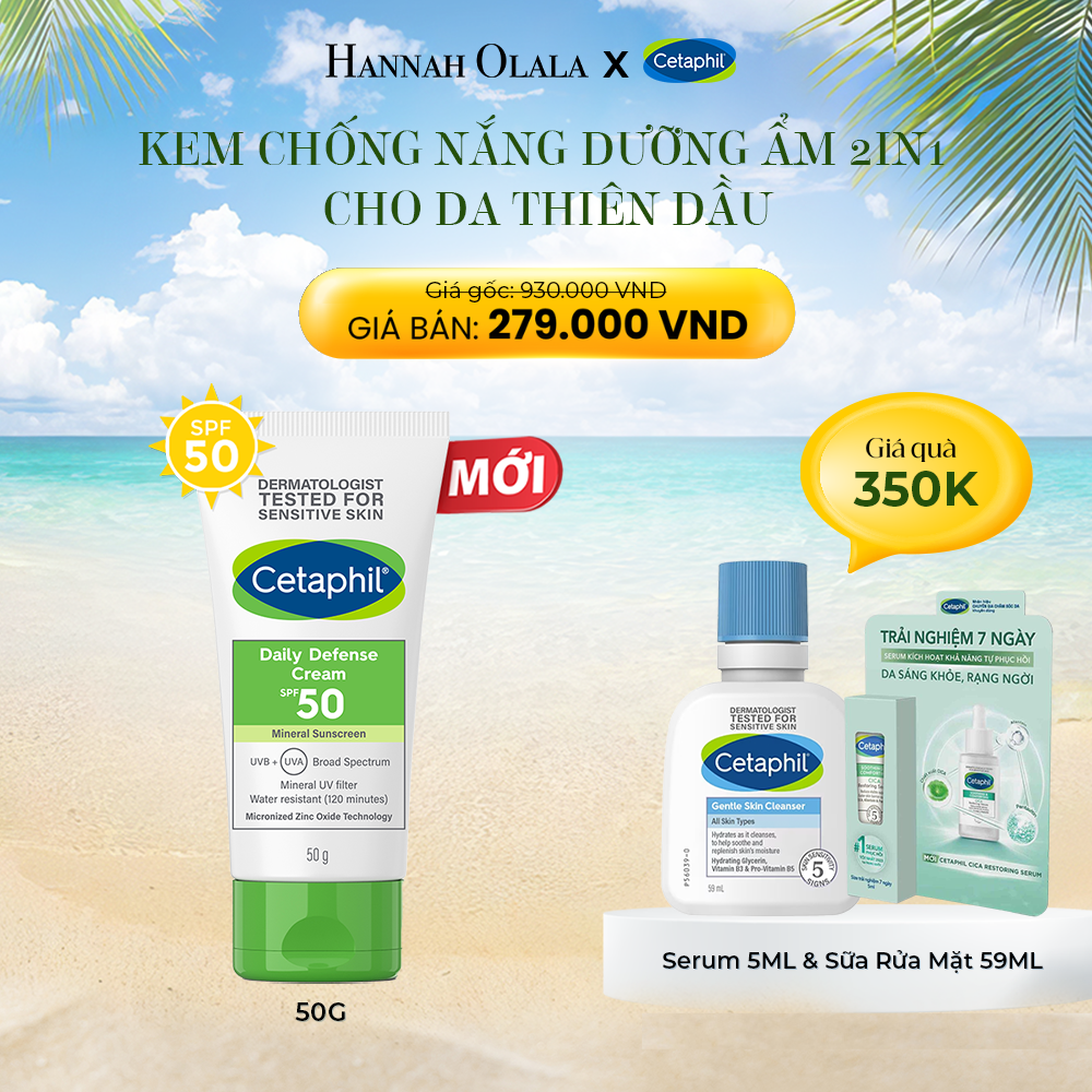 E587_DEAL 5: KEM CHỐNG NẮNG DƯỠNG ẨM 2IN1 CHO DA DẦU NHẠY CẢM CETAPHIL DAILY DEFENSE CREAM SPF50 50G