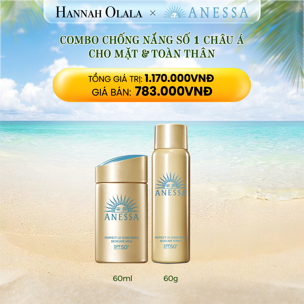 DEAL 4 BACKUP: BỘ KEM CHỐNG NẮNG DẠNG SỮA BẢO VỆ HOÀN HẢO ANESSA PERFECT UV SKINCARE MILK 60ML + XỊT CHỐNG NẮNG BẢO VỆ HOÀN HẢO GOLD SPRAY 60G