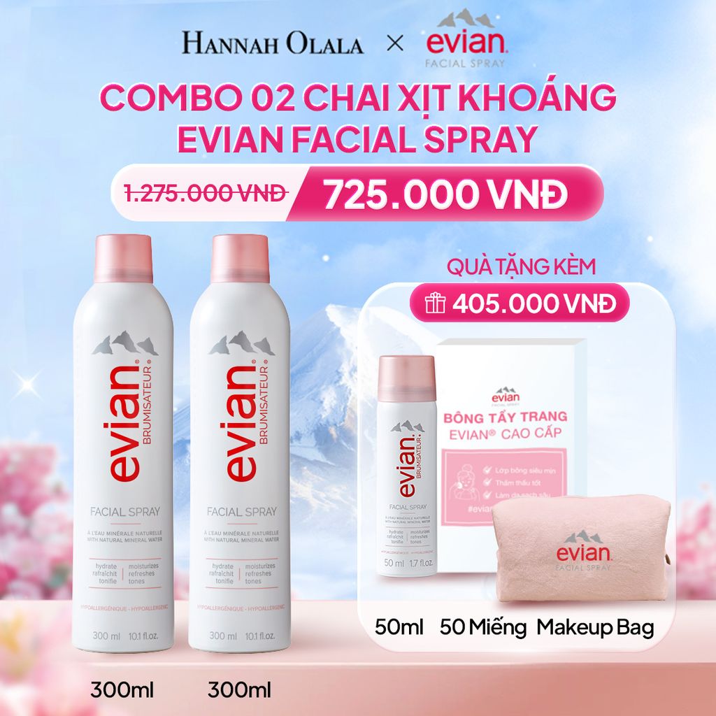 K28_DEAL 2: COMBO 2 CHAI XỊT KHOÁNG CẤP ẨM, LÀM DỊU DA EVIAN FACIAL SPRAY 300ML