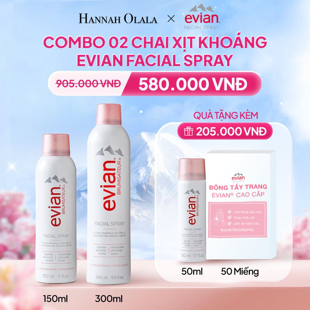 K29_DEAL 3: COMBO 2 CHAI XỊT KHOÁNG CẤP ẨM, LÀM DỊU DA EVIAN FACIAL SPRAY 150ML & 300ML