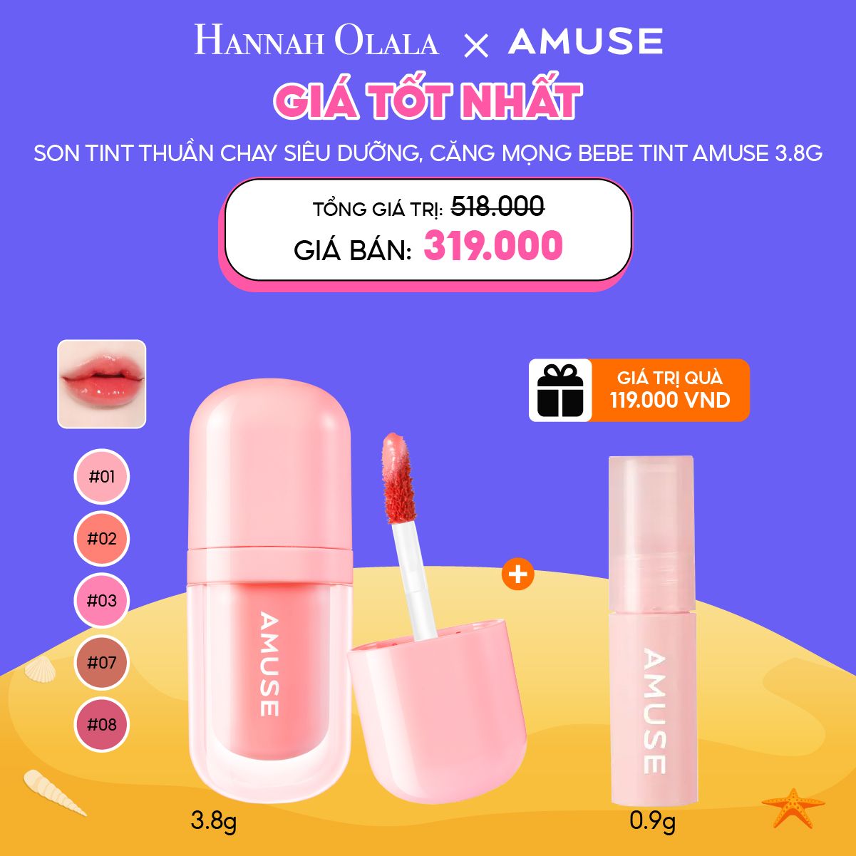 C1_DEAL 1: SON DƯỠNG BÓNG THUẦN CHAY AMUSE BEBE TINT 3.8G MUA 1 TẶNG 1