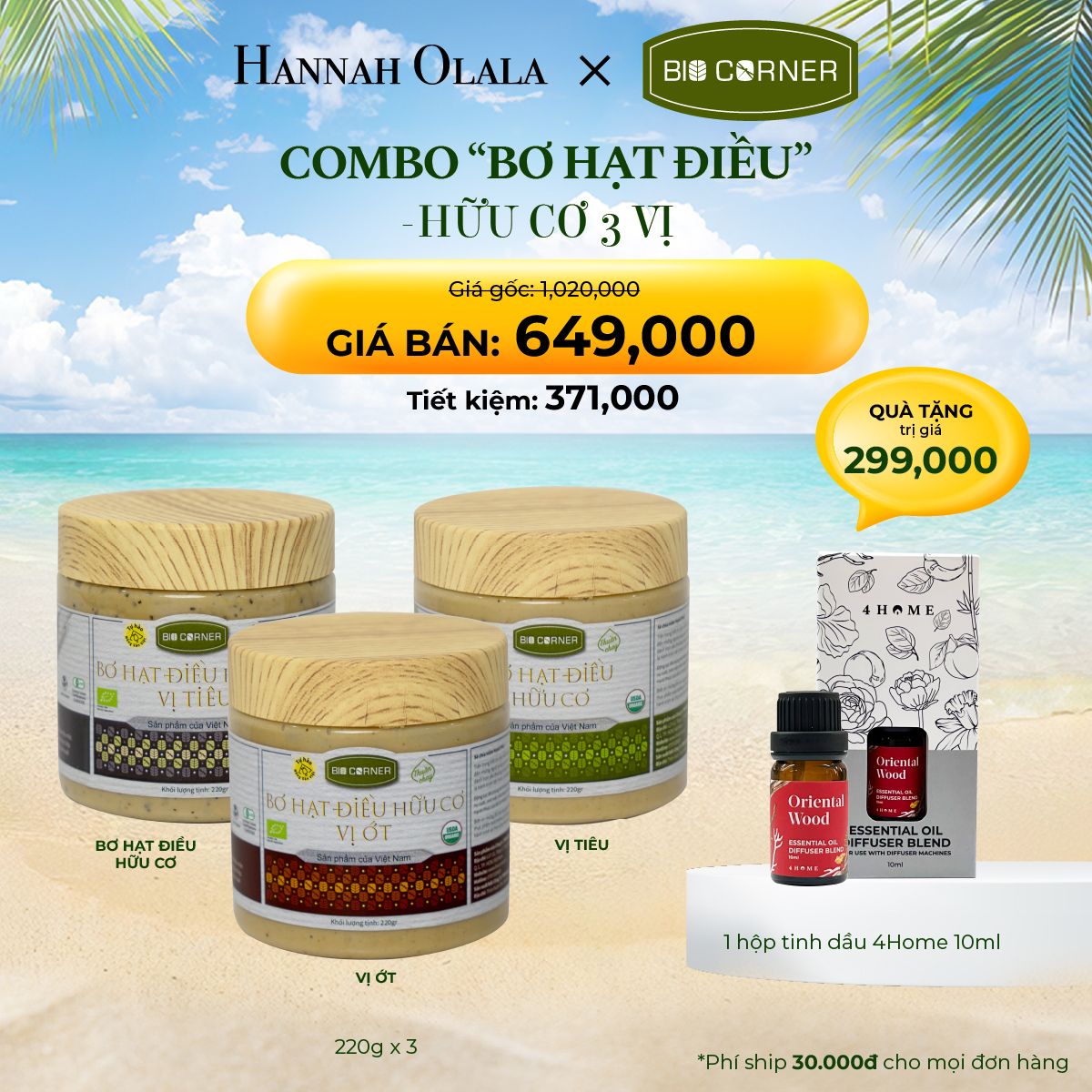 E244_DEAL 3: COMBO “BƠ HẠT ĐIỀU” - 3 VỊ
TẶNG 1 HỘP TINH DẦU 4HOME 10ML TRỊ GIÁ 299,000
