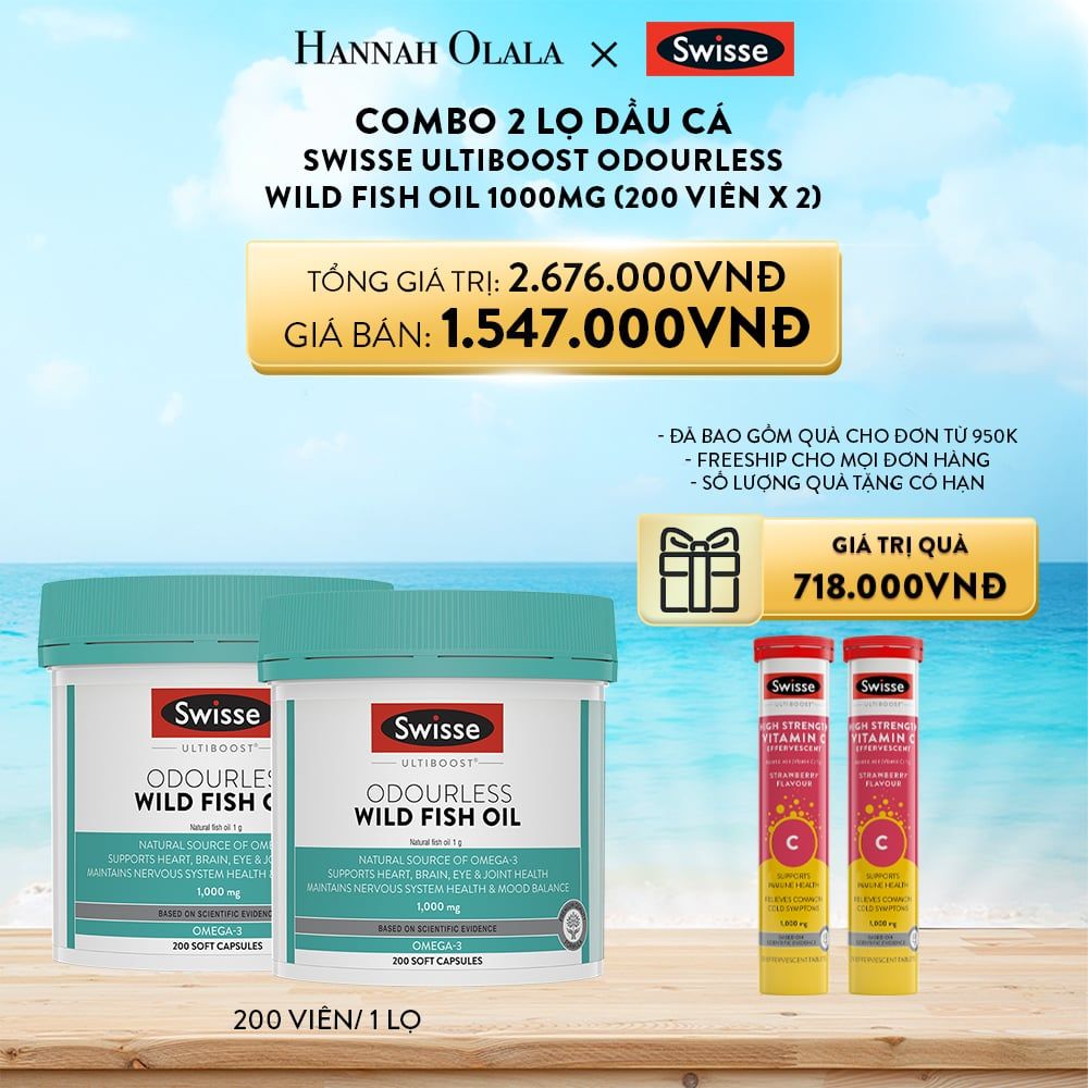 A417_DEAL 9: COMBO 2 LỌ DẦU CÁ SWISSE ULTIBOOST ODOURLESS WILD FISH OIL 1000MG 200 VIÊN/LỌ