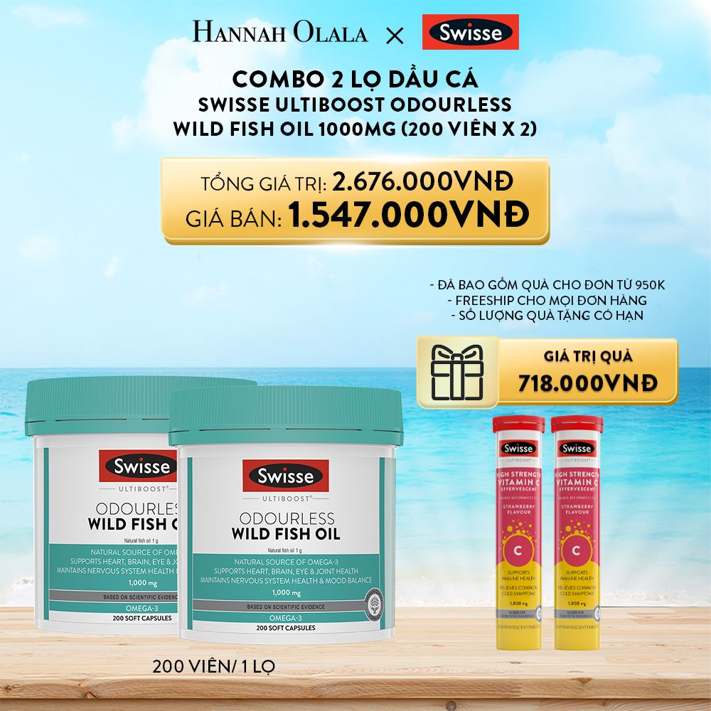 A417_DEAL 9: COMBO 2 LỌ DẦU CÁ SWISSE ULTIBOOST ODOURLESS WILD FISH OIL 1000MG 200 VIÊN/LỌ
