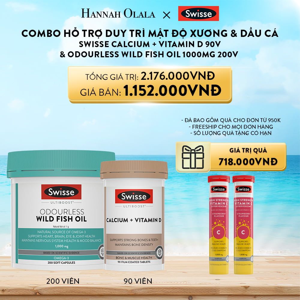 A409_DEAL 12: COMBO HỖ TRỢ DUY TRÌ MẬT ĐỘ XƯƠNG SWISSE CALCIUM + VITAMIN D & DẦU CÁ SWISSE ODOURLESS WILD FISH OIL 1000MG 200V