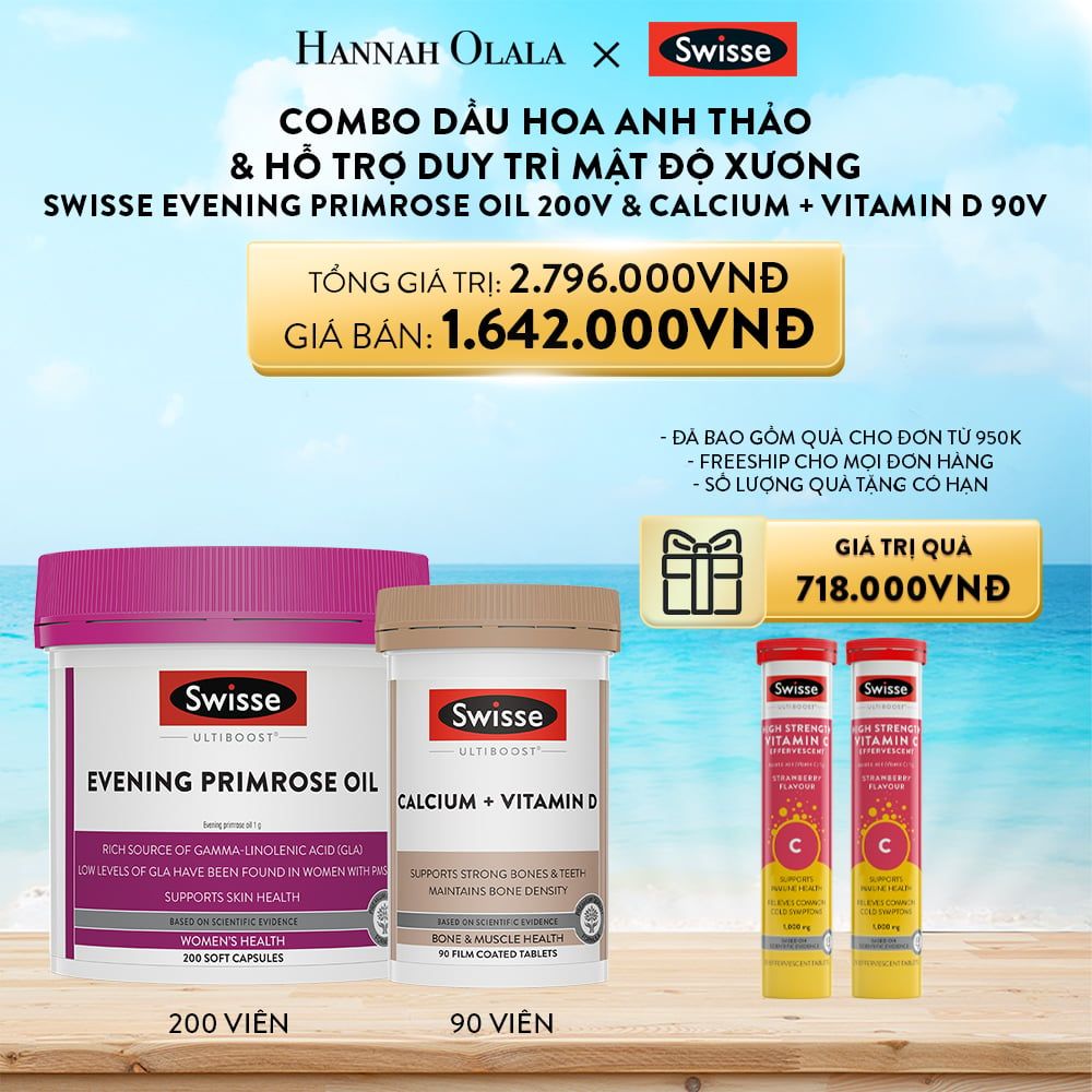DEAL 10: COMBO DẦU HOA ANH THẢO SWISSE EVENING PRIMROSE OIL 200V & HỖ TRỢ DUY TRÌ MẬT ĐỘ XƯƠNG SWISSE CALCIUM + VITAMIN D 90V