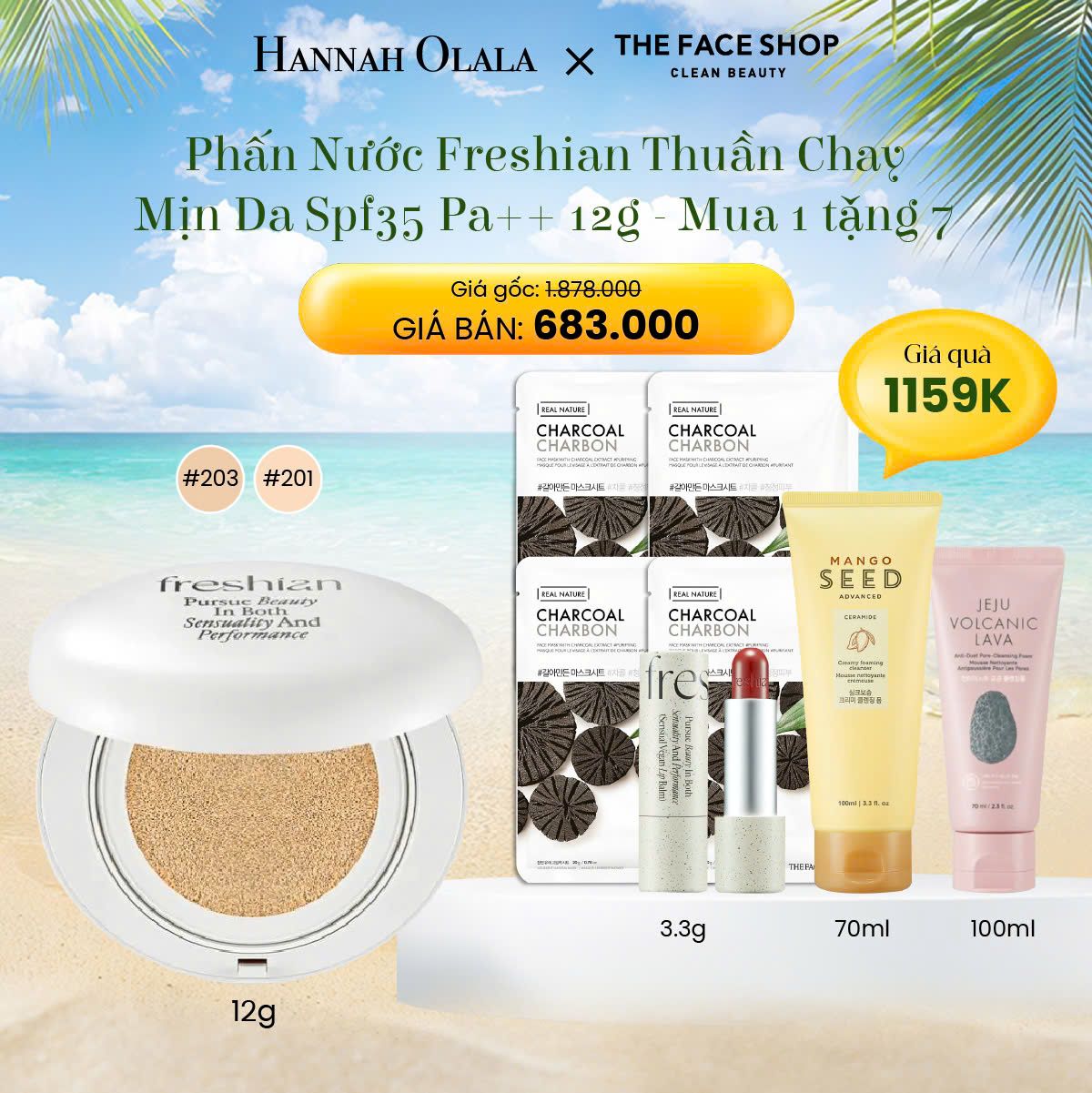 E139_DEAL 1: PHẤN NƯỚC FRESHIAN THUẦN CHAY MỊN DA SPF35 PA++ 12G MUA 1 TẶNG 6