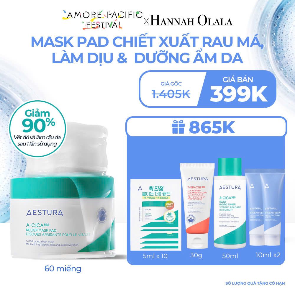 D6_DEAL 5: MASK PAD CHIẾT XUẤT RAU MÁ, LÀM DỊU & DƯỠNG ẨM DA AESTURA A-CICA365 RELIEF MASK PAD 60 MIẾNG