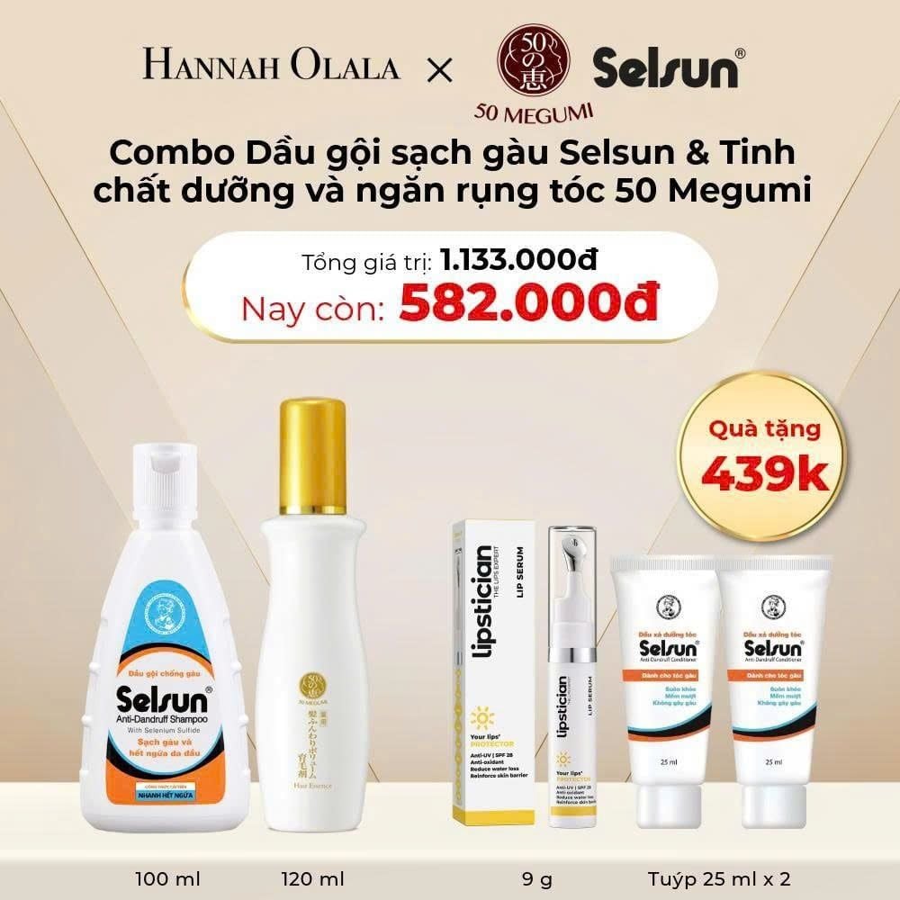 A16_DEAL 2: MUA 01 TINH CHẤT DƯỠNG VÀ NGĂN RỤNG TÓC 50 MEGUMI 120ML VÀ DẦU GỘI SẠCH GÀU SELSUN 100ML TẶNG 1 SERUM DƯỠNG MÔI LIPSTICIAN PROTECTOR