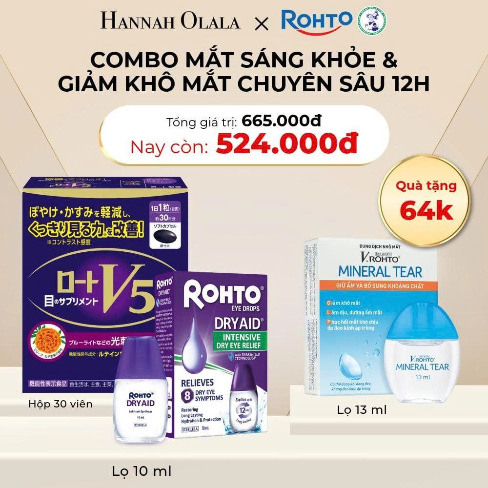 A14_DEAL 26: COMBO VIÊN UỐNG BỔ MẮT ROHTO V5 VÀ 01 DUNG DỊCH NHỎ MẮT ROHTO DRY AID TẶNG 01 DUNG DỊCH NHỎ MẮT V.ROHTO MINERAL TEAR & GIẢM CÒN 524K