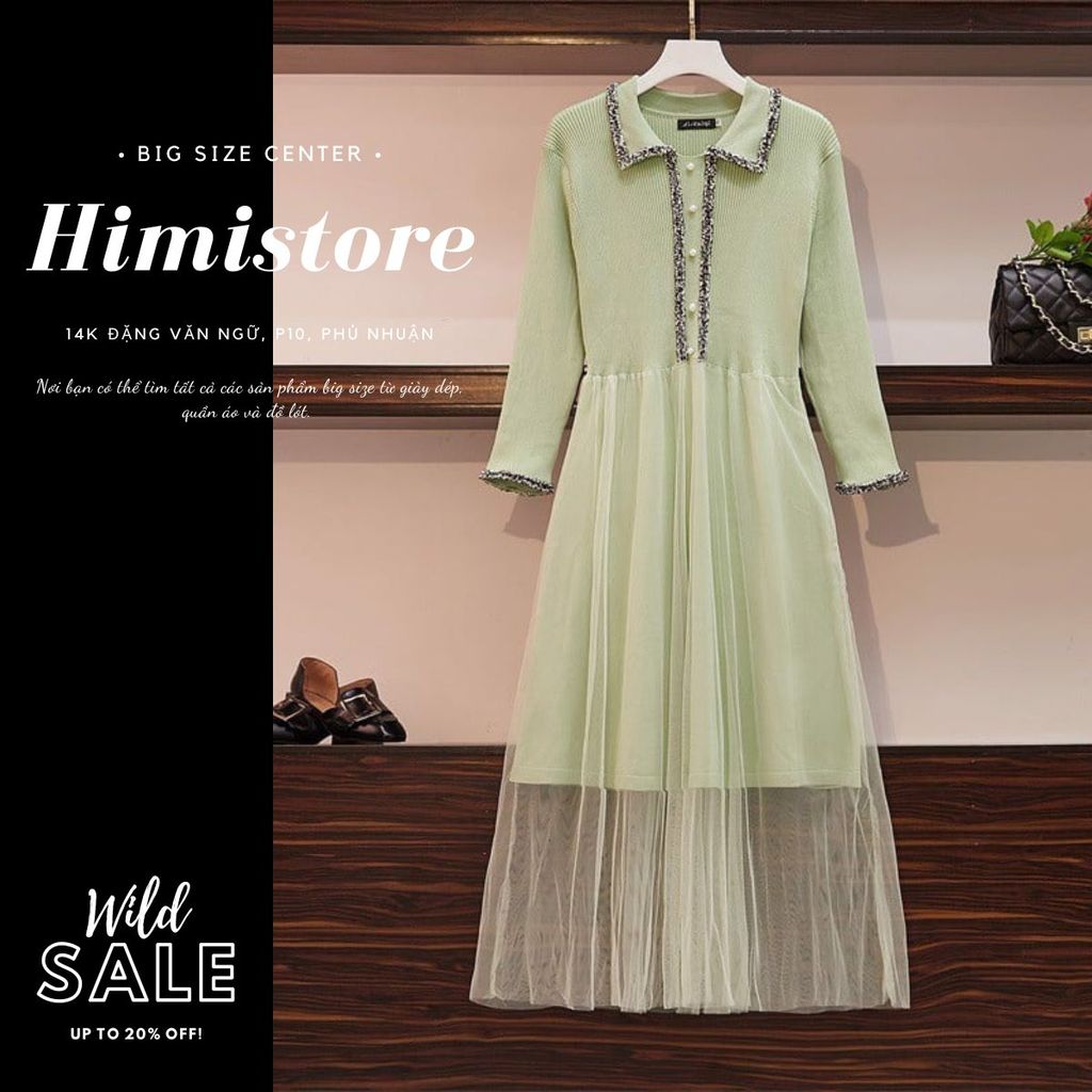 HM282 [Đầm Big Size] Đầm suông tay dài váy lưới midi cổ sơ mi màu xanh lá