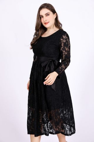 HM059 [Váy Cho Người Béo] Đầm chữ A ren buộc eo dự tiệc màu đen